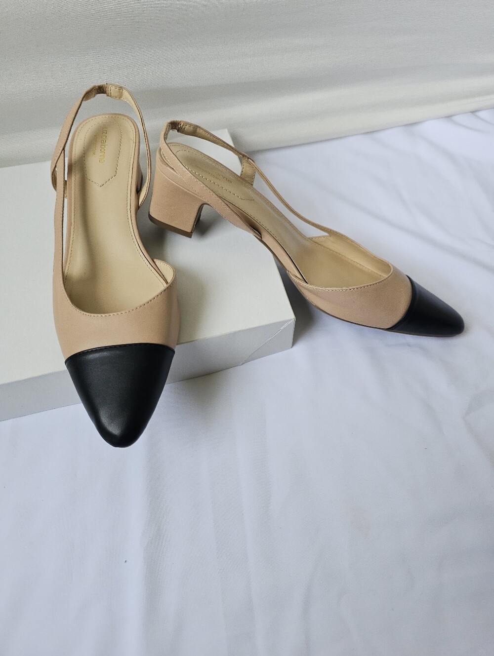 Two-Tone Slingback Pointed Toe Pumps in Beige and Black - Picture 15 of 16
